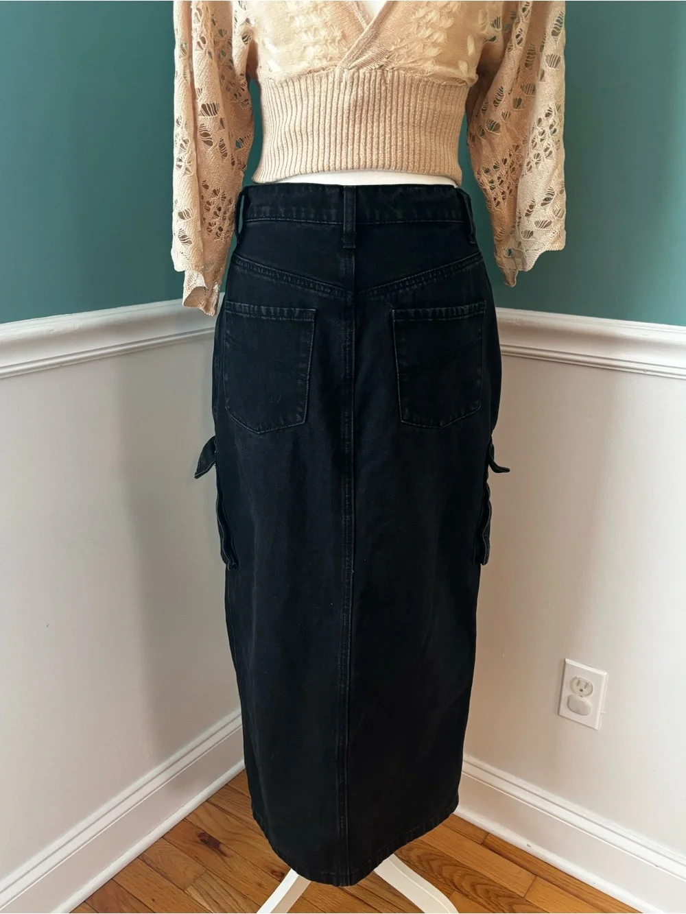 Sincerely Jules Black Cargo Denim Maxi Skirt Y2K Utility Grunge 7/27 Front Slit